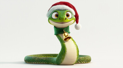 Fototapeta premium Festive Cartoon Snake in Santa Hat with Green Bell Collar