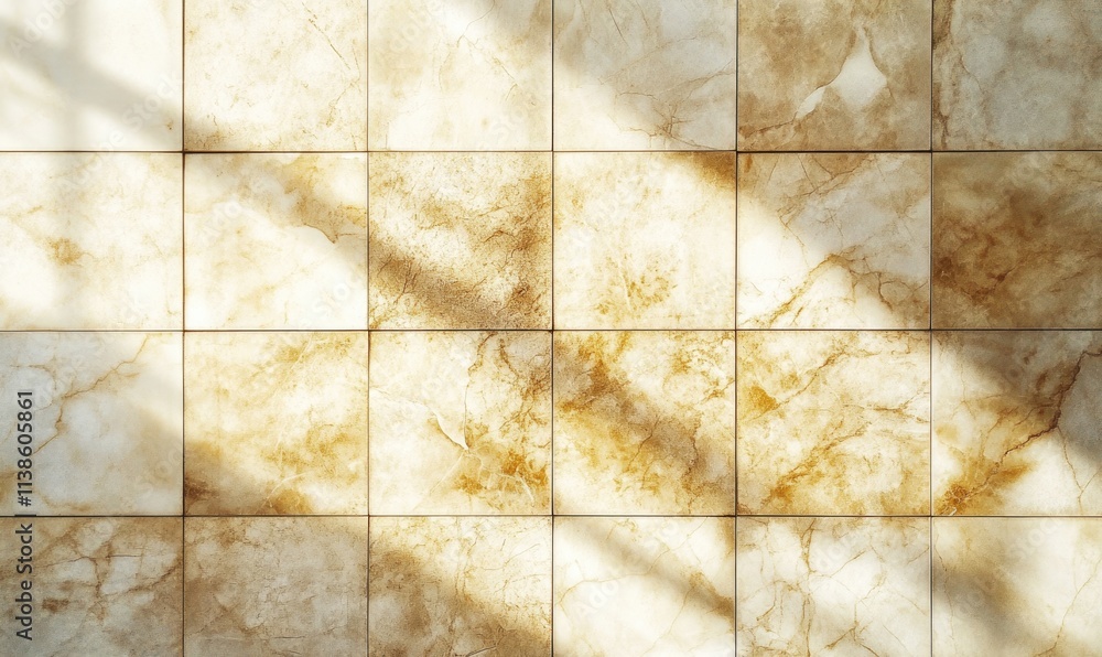Poster a wall with a tile pattern and a shadow on it