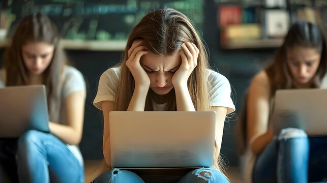 Young Female Students Feeling Overwhelmed with Schoolwork and Stress While Using Laptops in a Classroom Setting Surrounded by Peers Engaged in Learning Activities