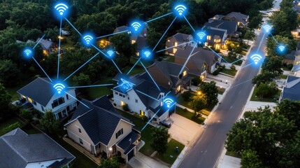 Aerial view shows an American town vibrant with digital links and wireless signals, set against lush green hills