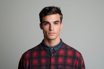 Obraz premium Stylish Young Man in a Flannel Shirt Posing Against a Neutral Background