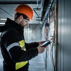 An electrician working in a power station wearing a helmet and safety gear surrounded by industrial equipment in a factory environment