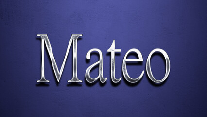 3D Chrome name design of Spanish name Mateo on blue Background.