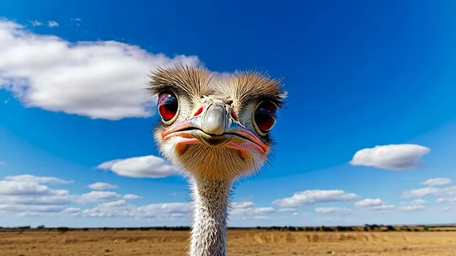 Close up of an ostrich's face with a blue sky in the background. The ostrich has red eyes and a red beak