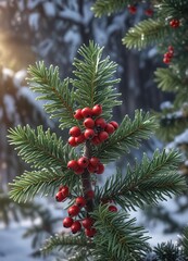 Winter wonderland scene featuring a spruce branch with holly berries, holly, holiday