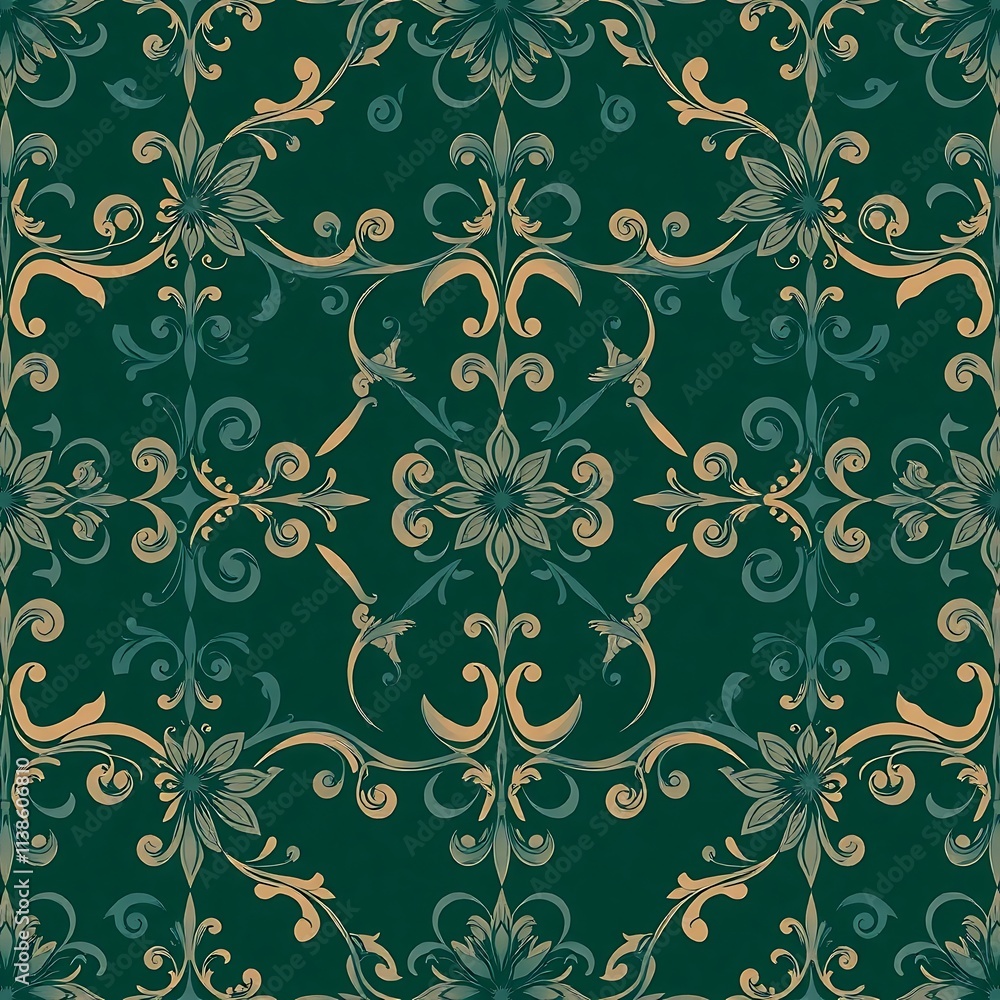 Poster intricate floral damask pattern: a seamless, intricate floral damask pattern in shades of green and 