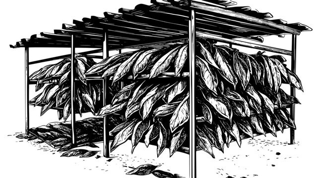 Tobacco leaves drying on racks in a curing barn, Plant Vector Graphic