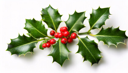 The image depicts a sprig of holly with shiny green leaves and bright red berries against a white background