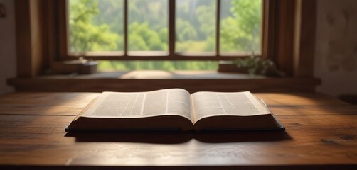 Wooden table with an open bible resting on its surface, illuminated by natural light streaming through a nearby windowpane , bible, window