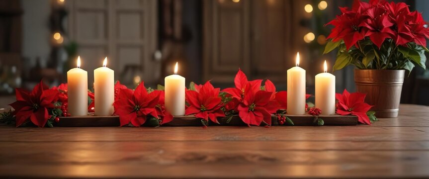 Wooden table with candles and poinsettias in the background, natural elements, autumnal theme