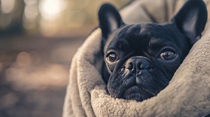 Fototapeta premium Detailed photograph of curious black French Bulldog in stroller