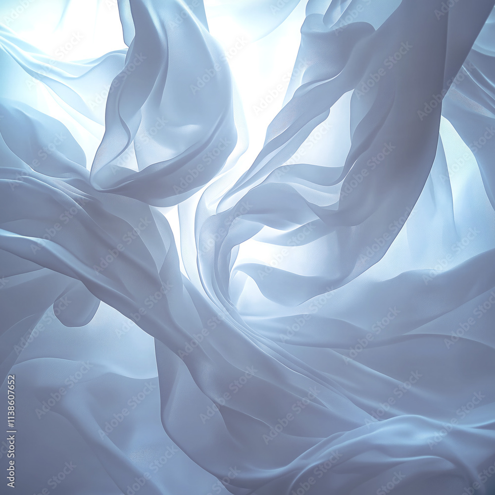 Poster Translucent white fabrics flowing in soft lines and playing with light to create a weightless effect. Light gradients enhance the volume, giving the image grace and serenity