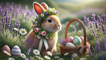 Realistic Easter Bunny with a Wreath of Flowers Brown bunny with a floral wreath sitting next to a basket of colorful Easter eggs