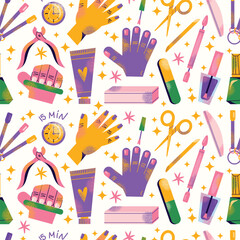 Nail care tools seamless pattern manicure accessories hands with polished nails. Colorful flat illustration of nail scissors, polish bottles, cuticle nippers, files. Nail care and beauty concept