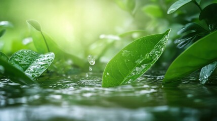 Close-Up View of Raindrops on Green Leaves in Tranquil Natural Setting