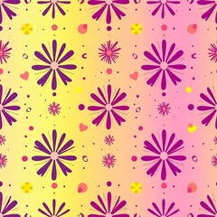 Vibrant Floral Fiesta: A seamless pattern bursts with joyful energy, featuring stylized purple daisies, hearts, and confetti on a gradient yellow-pink background. Perfect for textile design, branding.