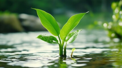Fresh Green Plant Sprouting from Water in Serene Natural Environment