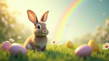 Realistic Easter Bunny at Sunrise Brown bunny sitting on a meadow under a rainbow with soft colorful light