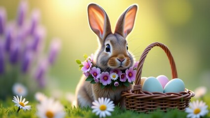 Realistic Easter Bunny with a Wreath of Flowers Realistic brown bunny wearing a floral wreath sitting next to a basket of Easter eggs