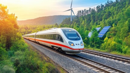 Naklejka premium A sleek, eco-friendly high-speed train designed with recyclable materials, passing through a forested area where solar and wind energy systems are visible in the distance