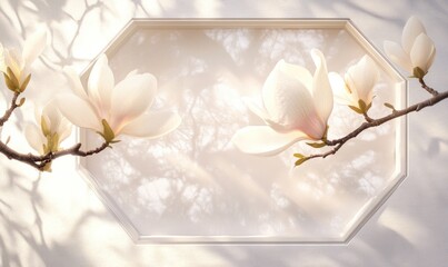 A white flower with a pink center is on a branch