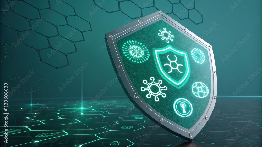 Poster antivirus shield is protecting against virus, malware, and cyber attacks in a futuristic technologic