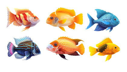 Fototapeta premium Vibrant and colorful fish illustrations showcasing unique patterns, scales, and fins, ideal for aquatic-themed designs. Transparent PNG.