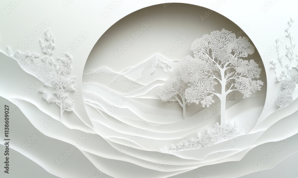 Poster a white paper drawing of a mountain range with a tree in the middle