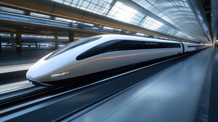 Obraz premium A sleek, futuristic high-speed train speeding through a smart city with intelligent infrastructure, self-driving vehicles, and a digitally connected urban environment
