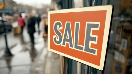 Urban Street Sale Sign with Blurred Shoppers on Rainy Day in City Street