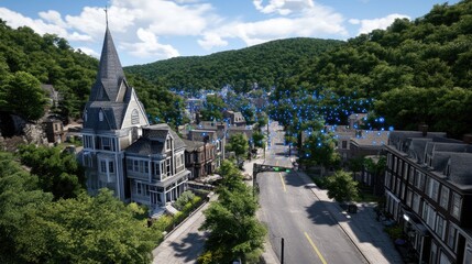 Aerial view shows an American town vibrant with digital links and wireless signals, set against lush green hills