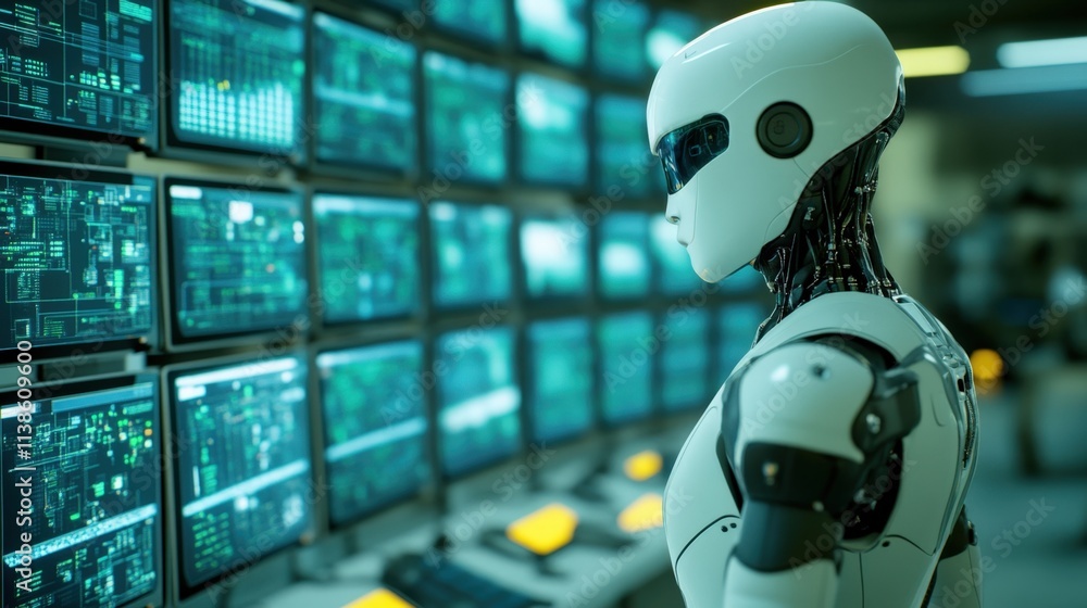 Poster futuristic humanoid robot analyzing data on multiple computer screens in lab