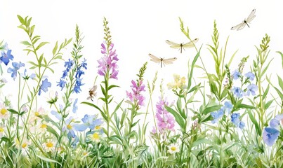 Carnations, wildflowers, and blue blossoms against a white background, suited for greetings and invitations.