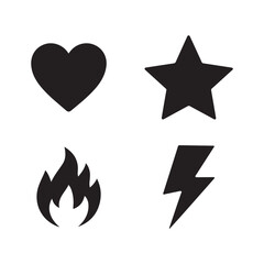 Simple Black Icons of Heart, Star, Fire, and Lightning .