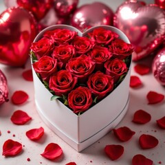 A heart-shaped box with red roses inside. The roses are arranged in a way that they look like they are hugging the box. The box is surrounded by several pink balloons, which add to the romantic