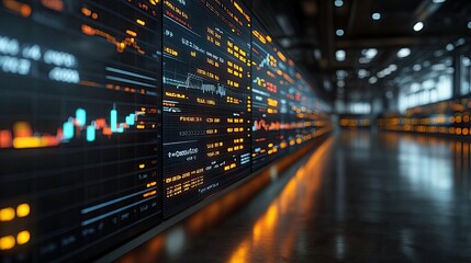 A financial dashboard glowing on a wall of a modern trading room. 