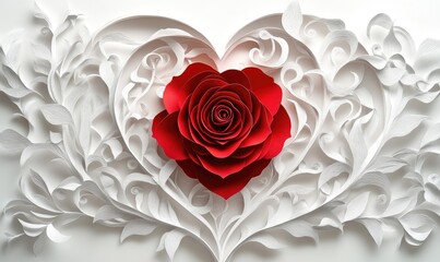 A red rose is in the center of a white heart