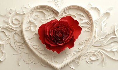 A red rose is in the center of a white heart