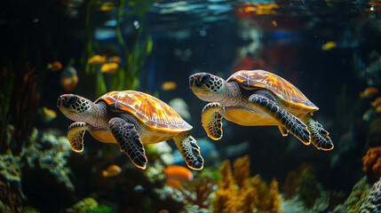 Fototapeta premium Two Sea Turtles Swimming Gracefully in a Vibrant Coral