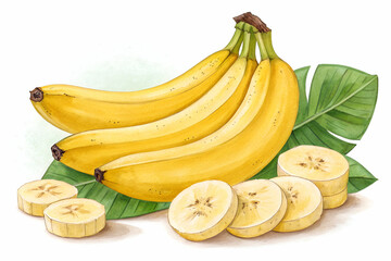 A vibrant illustration of ripe bananas, showcasing both whole fruits and sliced pieces, complemented by green leaves.