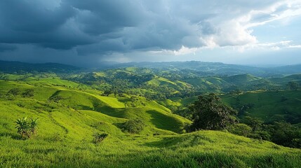 Obraz premium Rolling green hills under a dramatic cloudy sky. 