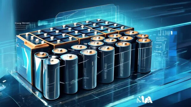 Futuristic lithium-ion battery pack rotates slowly, showcasing a complex structure along with detailed technical specifications and energy storage information