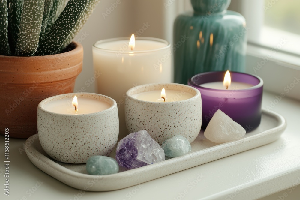 Poster burning scented candles and crystals creating relaxing atmosphere on table