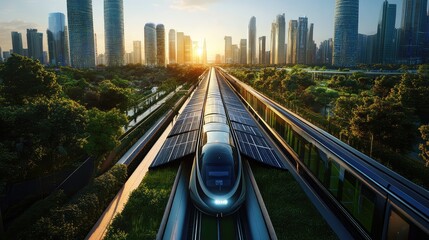 Fototapeta premium A solar-powered high-speed train cutting through a green cityscape, with large solar panels on the train roof and renewable energy systems visible in the surroundings