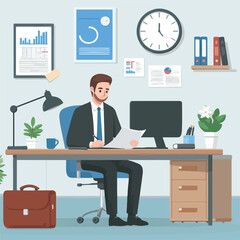 a man is using his laptop sitting on a chair looking in the laptop  colourful vector on a white background