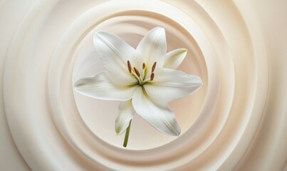 A white flower with a green stem is in the center of a circle