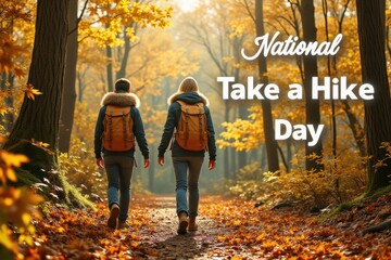 National take a hike day in autumn forest with copy space