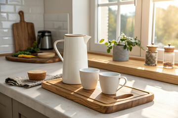 Obraz premium A serene kitchen scene featuring a white coffee pot, two cups, and a wooden tray, illuminated by natural light through a window.