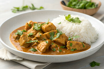 A delicious serving of chicken curry paired with fluffy white rice, garnished with fresh cilantro, perfect for a comforting meal.