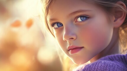 Fototapeta premium Calmness and serenity: close-up of a young girl with blue eyes and soft lighting